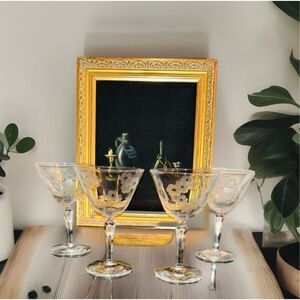 Vintage Libbey Glass Glenmore Etched Floral Champagne Cocktail 6" Tall Set of 4